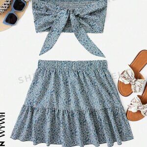 SHEIN WYWH Ditsy Floral Print Tie Front Tube Top & Ruffle Hem Skirt